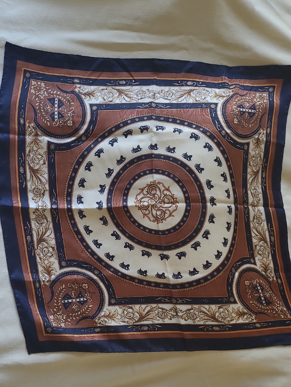 Elegant Brown & Navy Silk-Feel Scarf with Baroque Medallion